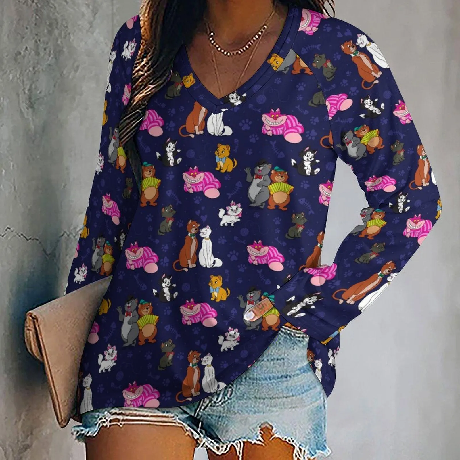 Cat Favorites Long Sleeve Loose V-Neck Tee