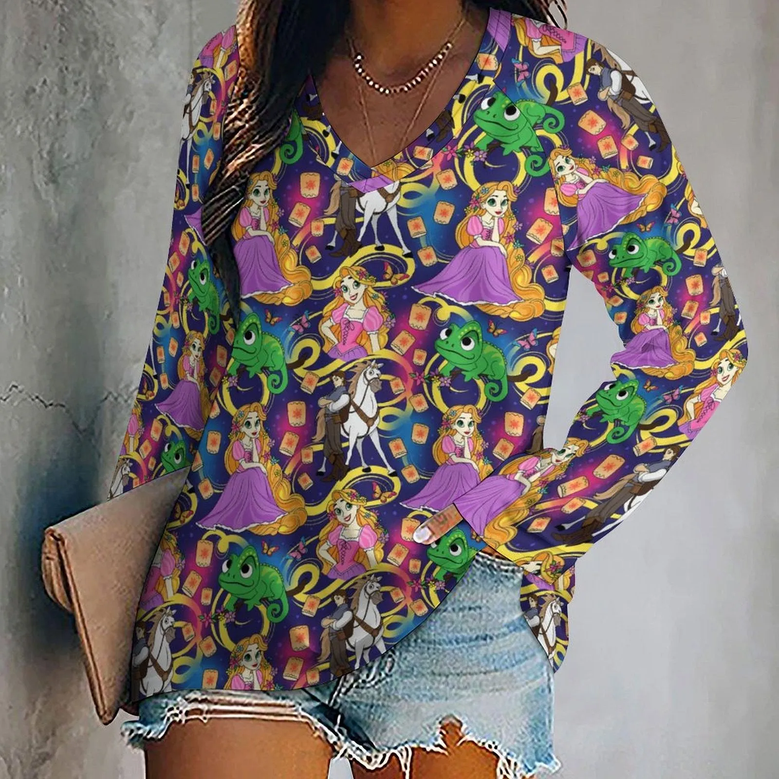 Disney Tangled Rapunzel At Last I See The Light Long Sleeve Loose V-Neck Tee