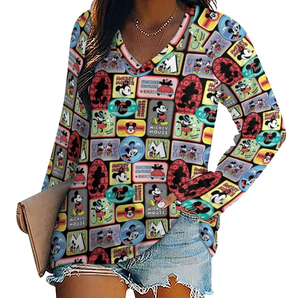 Mickey Stickers Long Sleeve Loose V-Neck Tee