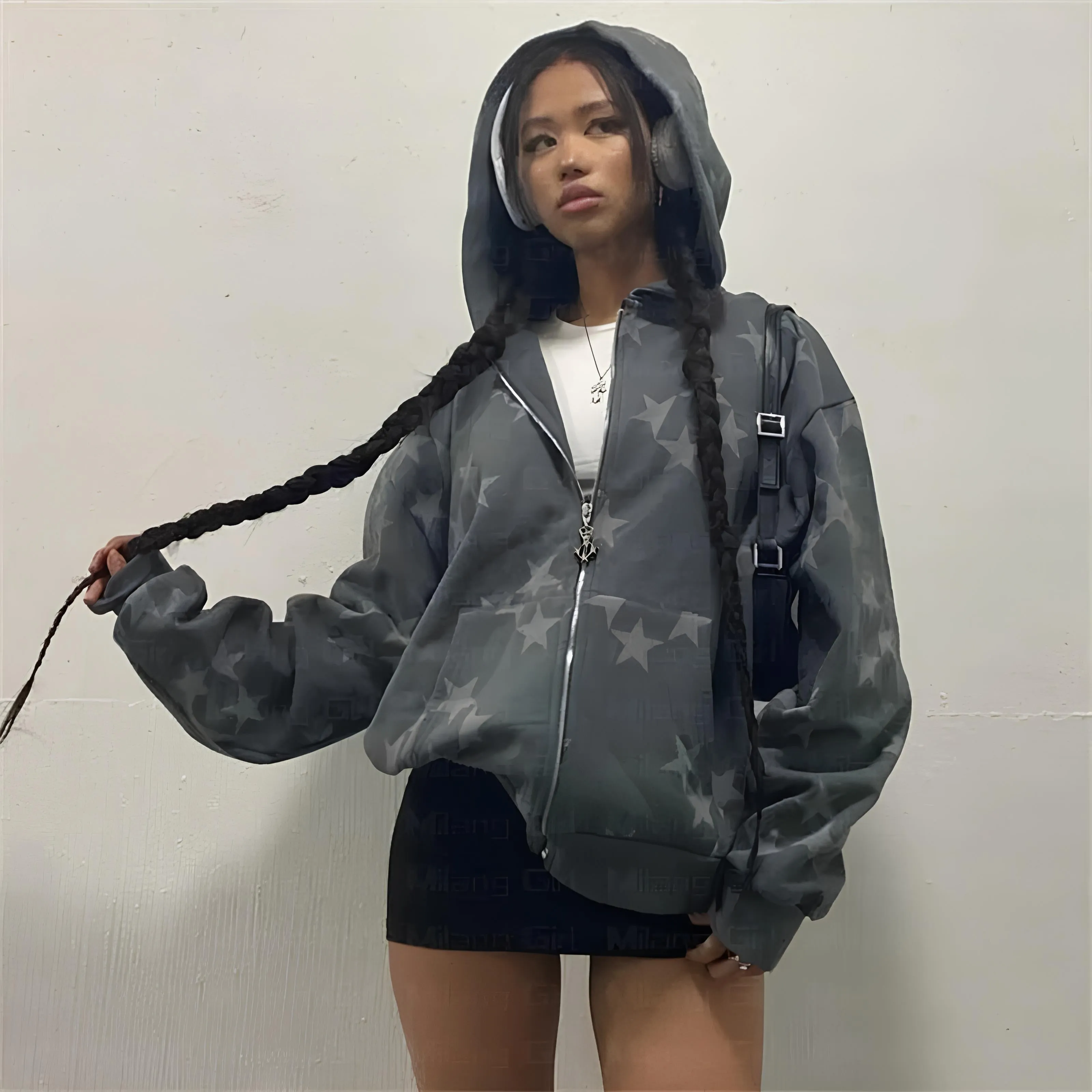 Vintage Star Graphic Oversized Zip Hoodie – Y2K Fairy Grunge Streetwear