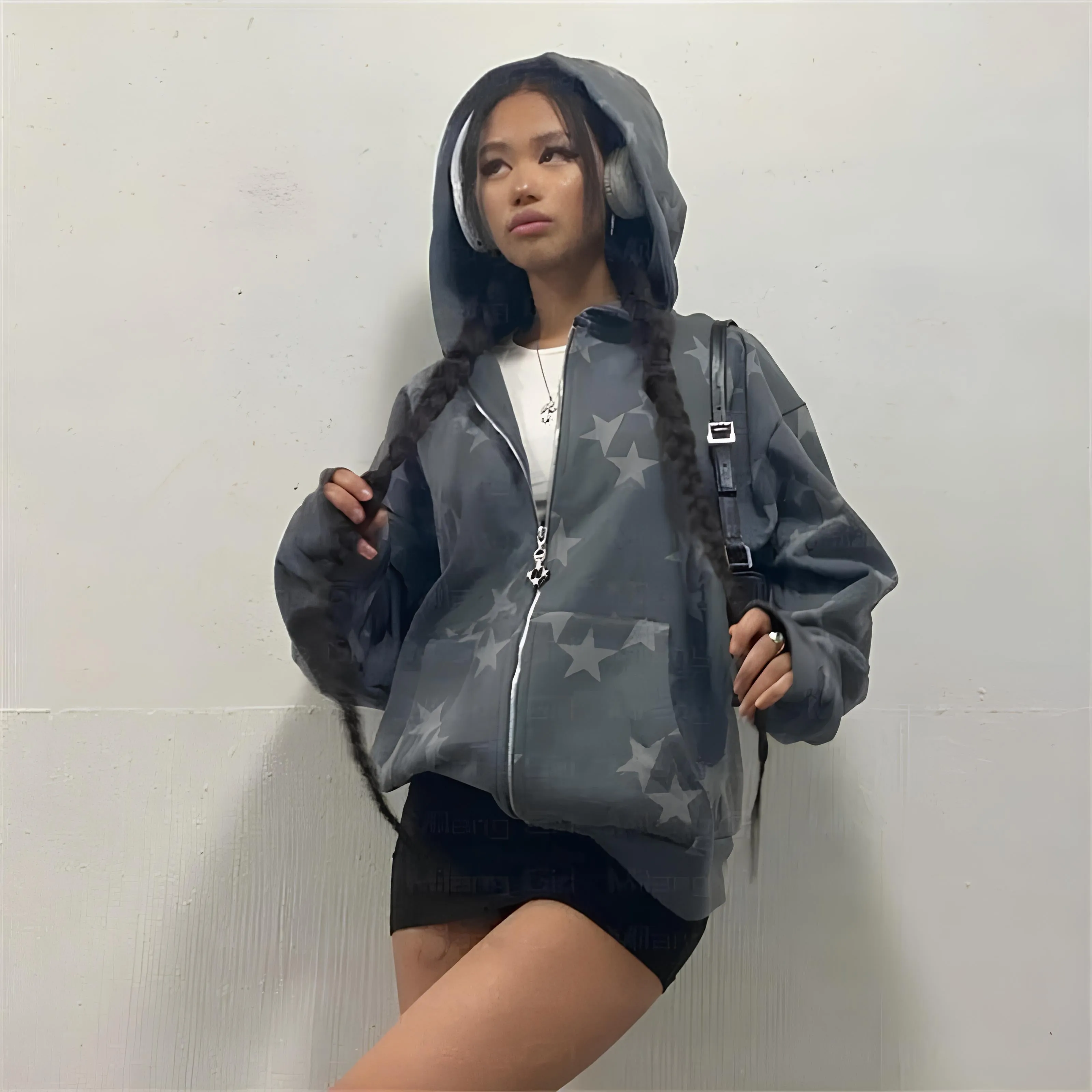Vintage Star Graphic Oversized Zip Hoodie – Y2K Fairy Grunge Streetwear