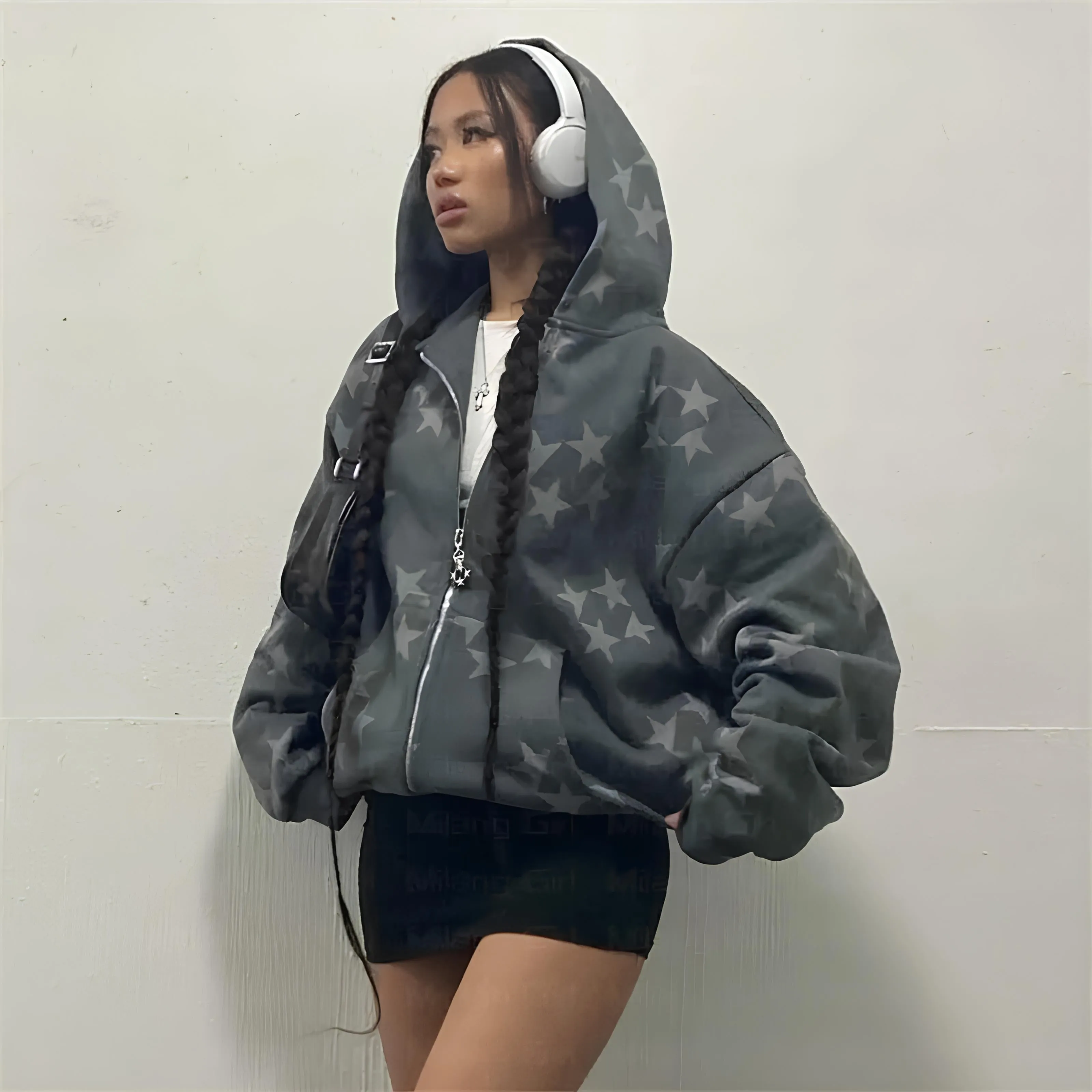 Vintage Star Graphic Oversized Zip Hoodie – Y2K Fairy Grunge Streetwear