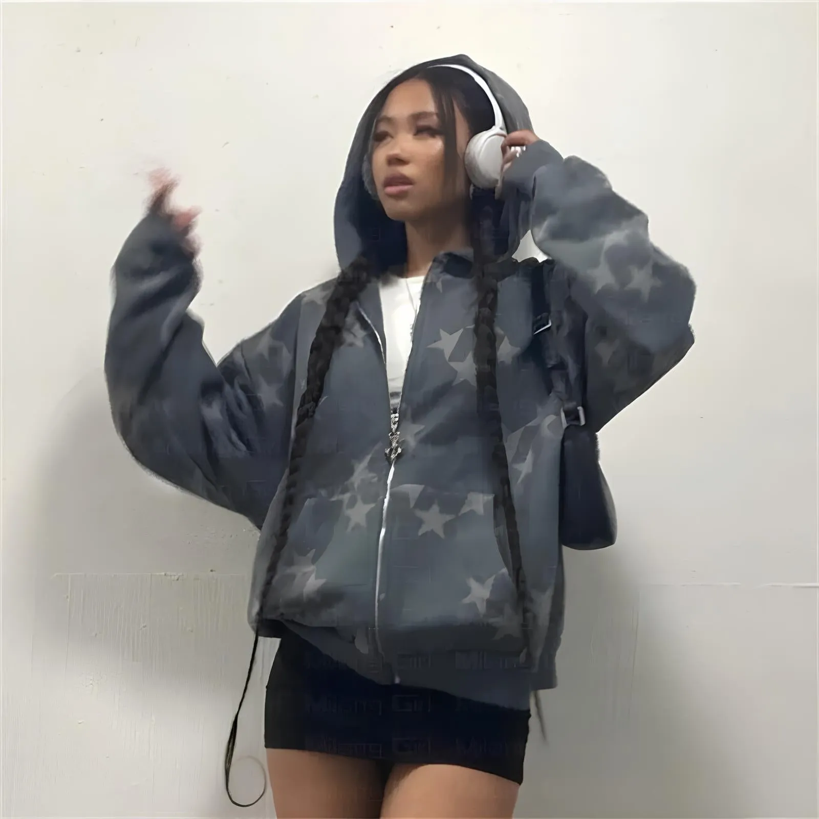 Vintage Star Graphic Oversized Zip Hoodie – Y2K Fairy Grunge Streetwear