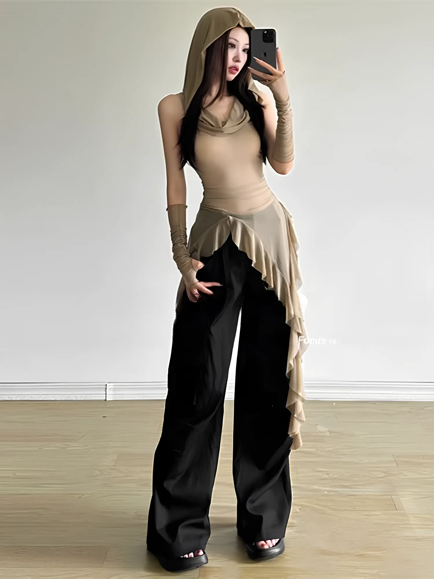 Y2K Vintage 90s Grunge Mesh Hooded Top – See-Through Ruffle Hem Slim Streetwear Blouse