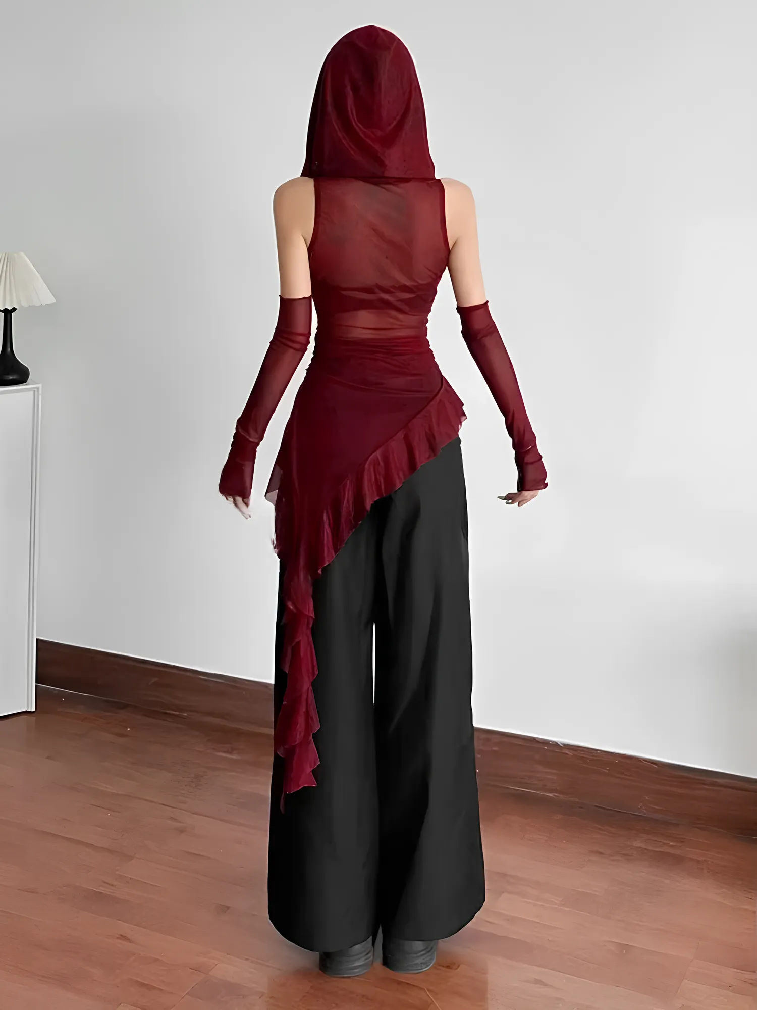 Y2K Vintage 90s Grunge Mesh Hooded Top – See-Through Ruffle Hem Slim Streetwear Blouse