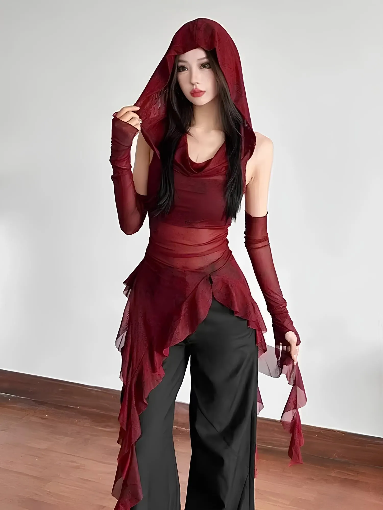 Y2K Vintage 90s Grunge Mesh Hooded Top – See-Through Ruffle Hem Slim Streetwear Blouse