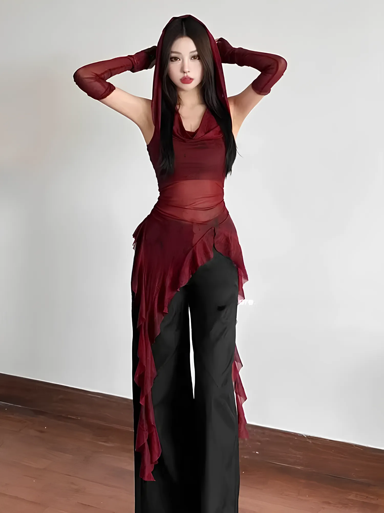 Y2K Vintage 90s Grunge Mesh Hooded Top – See-Through Ruffle Hem Slim Streetwear Blouse